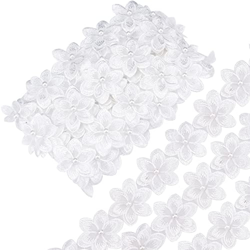 GORGECRAFT 5 Yard 3D-Organza-Blumen-Spitzenband, Spitzenborte, Perlen-Kantenbesatz, Bestickter Applikationsstoff, Vintage-Nähhandwerk Für Hochzeitskleid, Verschönerung, DIY-Kleid-Dekoration (Weiß)