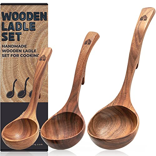 Suppenkelle Holz Set, 3-teilig aus Teakholz - Robustes & nachhaltiges Holzkochlöffel Set - BPA-FREI Schöpflöffel in Groß, Mittel und Klein - Verschiedene Größen für unterschiedliche Kochaufgaben