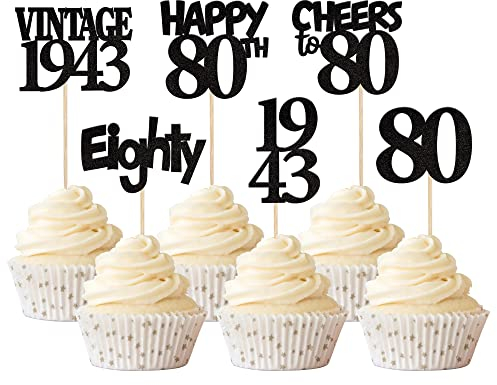 Xsstarmi 24 Pack 80th Birthday Cupcake Toppers Black Glitter Vintage 1943 Cupcake Picks Eighty Cheers to 80 Years Old Birthday for Happy 80th Birthday Anniversary Party Cake Decorations Supplies