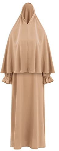 Odizli Gebetskleidung für Frauen Abaya Muslim Damen Muslimische Kleider Gebetskleid Islamische Langarm Namaz Elbisesi Khimar Kaftan Ramadan Burka Ganzkörper Lang Robe mit Hijab Jilbab Khaki XS/S