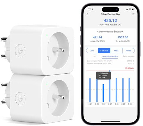 Meross Prise Connectée (FR), 16A Prise WiFi Compatible avec Alexa et Google Home, Lot de 2 Prise Mesure Consommation Intelligente avec Commande Vocale, Contrôle à Distance et Configuration Bluetooth