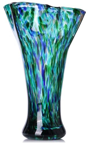 24,9 cm hohe blaugrüne mundgeblasene Glasvasen für Heimdekoration, Moderne breite Öffnung, Blumenvase, Tischdekoration, farbige Küstenglaskunst für Bücherregal, Badezimmer, Theke, Hochzeit