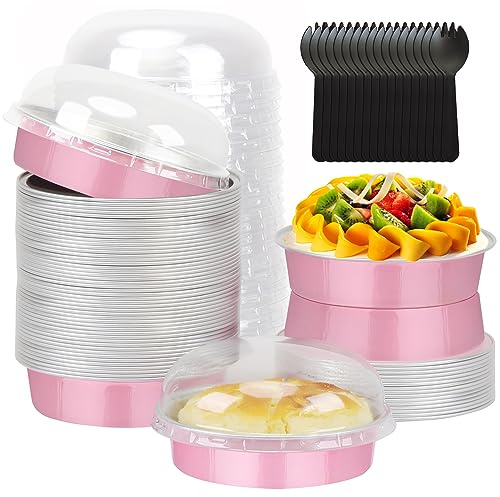 LNYZQUS 4” Mini Cake Tins with Lids 50 Pack, Small Aluminum Foil Pie Pans Disposable Ramekins Mini Tart Creme Brulee Baking Pans Dishes,Individual Muffin Tins Small Cake Contaniers-Pink