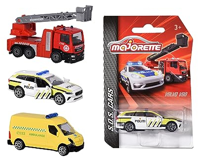 Majorette 212057182007 Norwegische Rettungsfahrzeuge, erhältlich als Feuerwehrauto, Volvo V90 Polizeiauto oder Krankenwagen, 7,5 cm, ab 3 (1 zufällige Einheit)