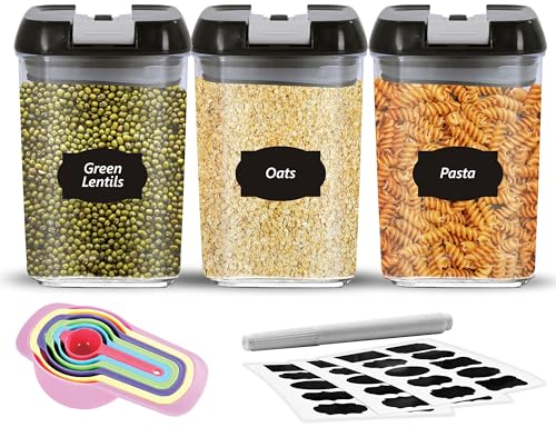 Top 3 Airtight Food Storage Containers – Pack Of 3 x 0.8L Plastic Storage Jars With 1 Marker, 10 Pantry Labels and 6 Measuring Spoons – For Flour, Cereals, Grains, Sugar, Nuts (Pack of 3 x0.8L)