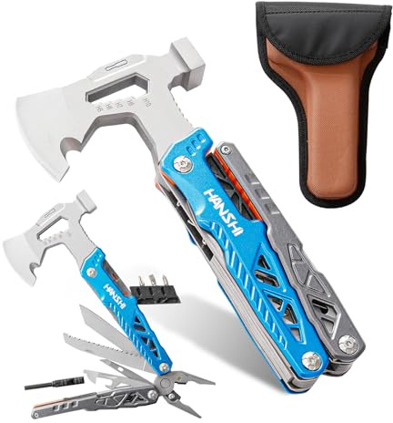 HANSHI Camping Axe Multitool with YG10 Tungsten Steel Replaceable Wire Cutters for Gift,17 in 1 Multi Tool with Spring-Action Pliers,Knife,Screwdriver,Flint Rob,Safty Whistle with Nylon Sheath (Blue)