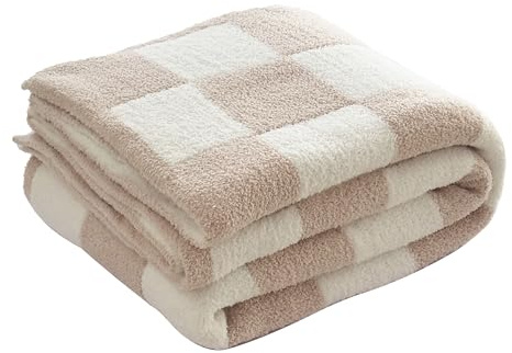Ultra Soft Cozy Checkered Knitted Throw Blanket Fluffy Microfiber Checkerboard Bed Blanket Lightweight Both Sides Blanket for Couch Sofa Bed (Cream, Throw 50“x60”)