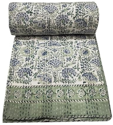 YUVANCRAFTS Indian Block Print Quilt Queen Kantha Quilts Kantha Throw Kantha Bedspread Blanket Cotton Bed Cover Quilt Boho Kantha Quilts Bedspread (Light Green, Twin 90 X 60 Inch)