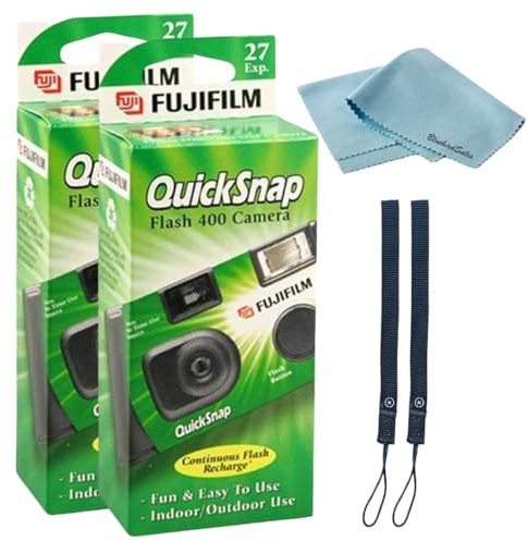 Fujifilm QuickSnap Flash 400 Disposable 35mm Camera • 2 Pack • 2 Hand Straps • BluebirdSales Microfiber Cleaning Cloth