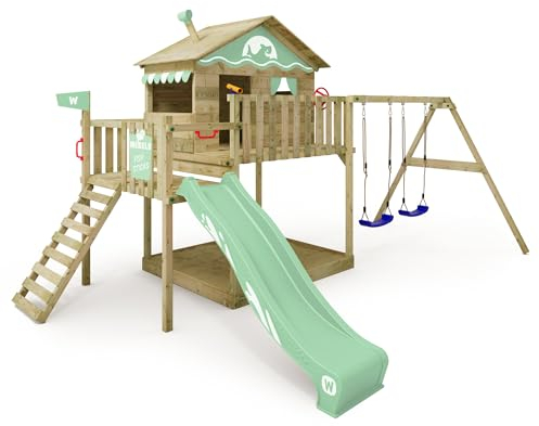 WICKEY Aire de Jeux Smart Coast portique en Bois avec balançoire et Toboggan, Tour d'escalade pour Enfants avec bac à Sable, échelle et Accessoires de Jeu pour Le Jardin. (Vert Pastel)