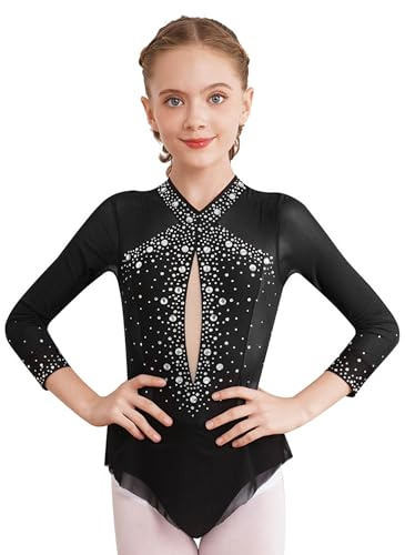 Alvivi Vestidos de Baile Patinaje Artístico Maillot Niña Manga Larga con Falda Ballet Malla de Gimnasia Maillot Competicion Patinaje sobre Hielo Negro 13-14 años
