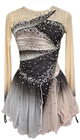 JRUIA Professionelles Eiskunstlauf Kleid Für Mädchen Gradient Eislauf Wettkampfbekleidung Handgefertigte Outdoor Gymnastik Trikots Rollschuhrock,Grau,XL