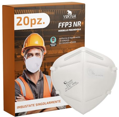 VENTUX SAFETY EQUIPMENT 20 pz Mascherine FFP3 NR | Filtrazione ≥99% | Senza Valvola | Certificato CE 0370 | Massima Protezione e Comfort
