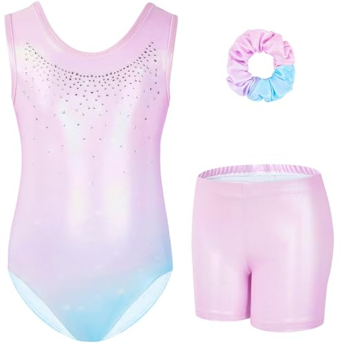 Gogokids Mädchen Drei Teiliges Gymnastikset, Ärmelloser Gymnastikanzug mit Shorts und Haarband, Ballett Tanzender Leotard Gymnastik Outfit mit Funkelnde für Mädchen, Ärmellose Trikots für 3-12 Jahre