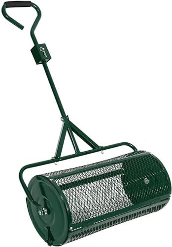 YIJIEHH Esparcidor de abono de 61 cm para césped, esparcidor de musgo de turba con mango en forma de T mejorado, esparcidor de turba para compost, musgo de turba, tierra vegetal, semillas, rodillo