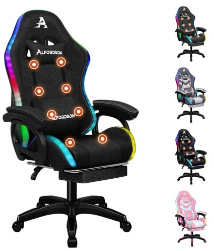 ALFORDSON RGB LED Gamer-Stuhl Massage Gamer Stühle Racing PC-Gaming-Sessel Bürostuhl ergonomisch Schreibtischstuhl Fußstützen, 180 kg belastbar, 90-150° Neigungswinkel, Stoff, Schwarz