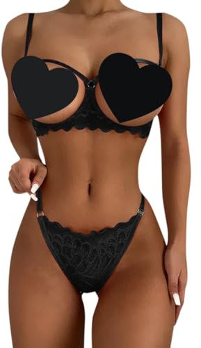 mini kitty Women’s Lingerie Set Sexy Push Up Bra and Panty Set Hollow Out Lace Underwear Nightwear See Through 2 Pieces Babydoll Teddy Sleepwear Black