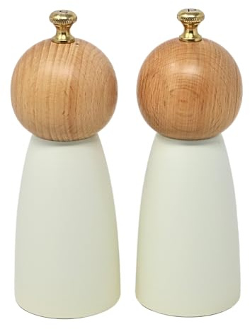UNIQUE HOME LIVING 17cm Salt and Pepper Grinders Set of 2 Wooden Salt & Pepper Shakers, Manual Salt & Pepper Mills with Adjustable Coarseness - Cream