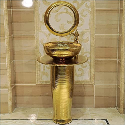 ASerZenith Keramik-Waschbecken fürs Badezimmer, Standwaschbecken, Keramik-Waschbecken mit Standfuß, 16 x 16 Zoll, Gold Art Standwaschbecken, einteiliges Standwaschbecken mit Wasse(Withmirror)