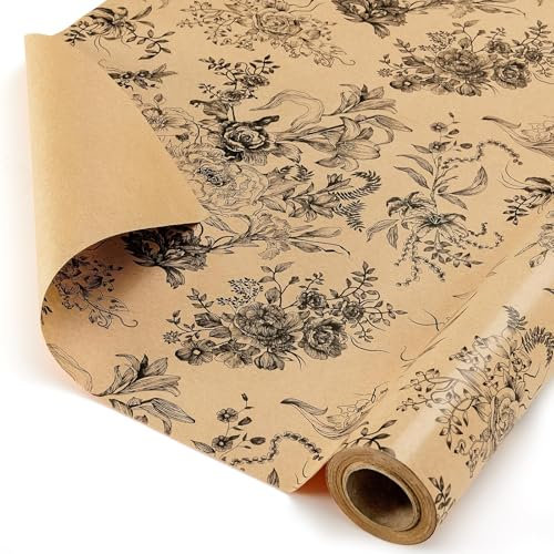 WERNNSAI Papier Cadeau Kraft à Fleurs - 1 Rouleau Papier Cadeau à Fleurs Noires Emballage Cadeau Kraft Floral Vintage pour Femmes Filles Décoration de Cadeau d'Anniversaire Mariage Fête Mères 43cmx10m