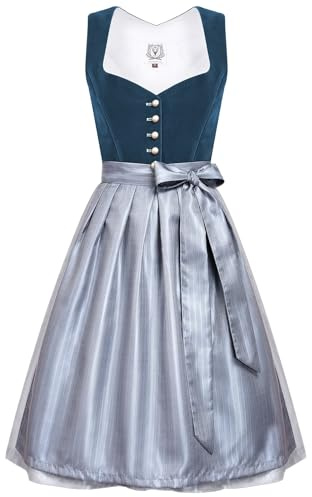 DIRNDLSTERN Damen Midi Blau - Dirndlkleid Samt Trachtenmode Kleid mit Dirndlschürze Trachtenkleid für Oktoberfest 34