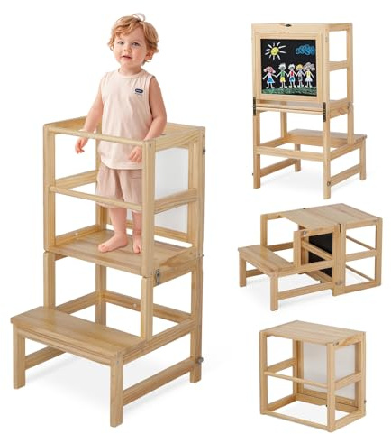 Bonnlo Lernturm mit drehbarer Tafel für Kinder, Lernturm klappbar ab 1 Jahr, Kinderstuhl aus Holz, für Küche und Bad, 45x45x84cm (Natur)