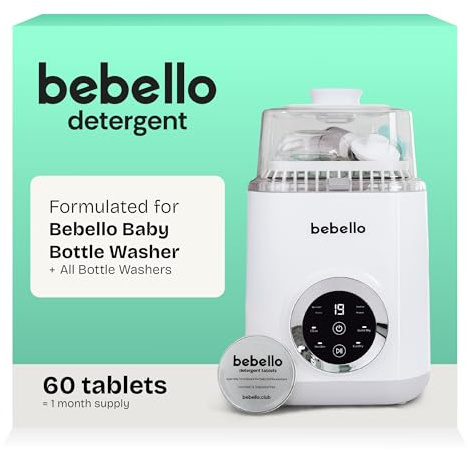 Bebello Detergent Tablets for Baby Bottle Washers - Cleaning Detergent for Your Baby Bottle Cleaner - 60 Tablets for 1 Months Supply | Removes milk residue & odours. Hypoallergenic, fragrance-free. For bottles, teats, pump parts & dummies. Fits any washer.