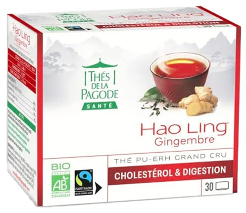 Thés de La Pagode - Thé Hao Ling Gingembre Bio - Idéal Cholestérol, Transit et Digestion - Agriculture Biologique, Ecocert, Commerce Équitable - Infusion Thé Vert + Pu-erh + Wulong - 30 Sachets
