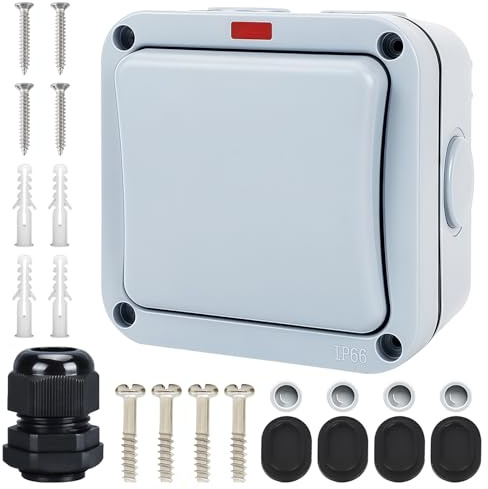 WIYETY 16A Universalschalter Wetterfester Schalter: IP66 Wasserdichter Schalter mit Staub, Unabhängigem Schalter Und Kontrollleuchte Lichtschalter, Aussen Switch, für Outdoor Garten Balkon