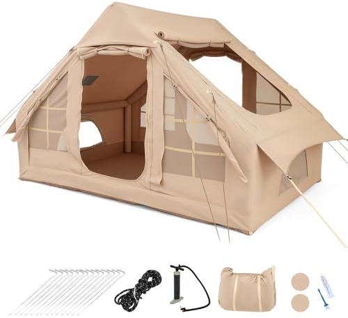 COSTWAY Aufblasbares Zelt 4-6 Personen, Camping Zelt mit 4 Netz-Fenstern & 2 Türen & Dachfenster, inkl. Tragetasche & Pumpe, Luftzelt für Camping und Angeln, 300 x 210 x 197 cm