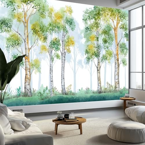 Bosco Di Betulle Acquerello Disegnato A Mano Carta Da Parati 3D Fotomurale 250 x 175 cm Verde Murali, Per Soggiorno Divano Tv Hotel A Tema Corridoio Di Lusso Sfondo Dipinto Murale