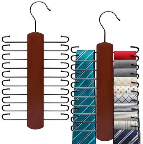 RUNYU 2 Stück Krawattenbügel Holz mit 20 Stangen, Krawattenhalter um 360° Drehbar, Gürtelaufhänger Krawatten Aufbewahrung Gürtelhalter, für Schals, Accessoires, Gürtel Organizer