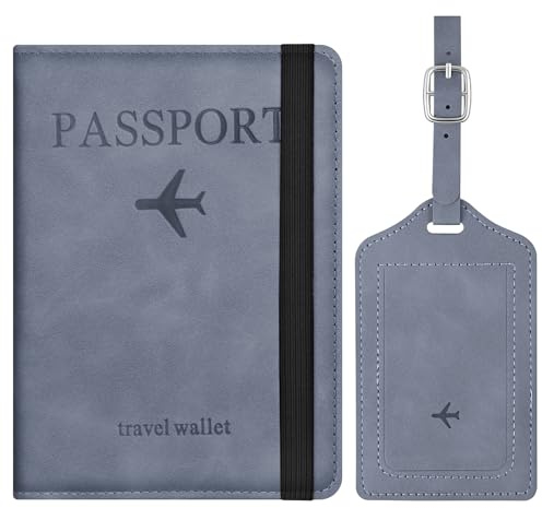 APXEL Passport Cover and Suitcase Tag Set, PU Leather Passport Covers with Suitcase Tag, Portable Universal Travel Wallet Case Organiser for Money Boarding Passes Credit Cards (Blue)