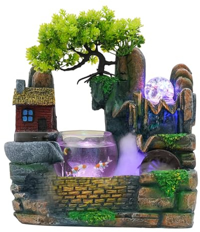 Tabletop Fountain, Zen Meditation Indoor Waterfall Ornament w/LED Light & Atomizer, Desktop Fountains Decoration Green Tree Waterfall Feature for Home Office Bedroom Relaxation (Model 4)