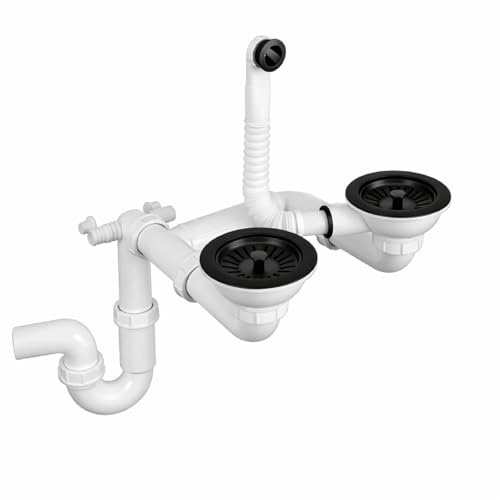 QLS Siphon manuel 3 1/2 pour double bac en acier inoxydable PVC peu encombrant avec raccord pour lave-vaisselle ou machine à laver (noir)