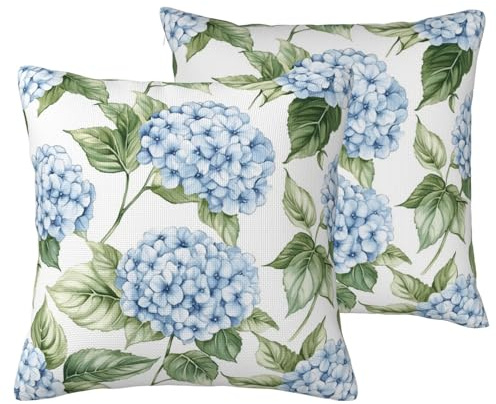 LOHDALOLF Blue Hydrangea Cushion Covers 45x45 cm Set of 2, Waterproof Floral Cushion Cases Flower Decorative Pillow Covers for Spring Outdoor Patio Garden Decor