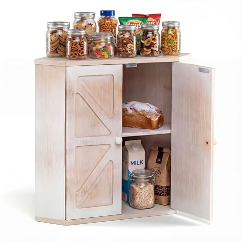COSTWAY Boîte à Pain en Bambou avec Portes, 31 x 31 cm, Petit Boîte de Rangement à Pain en Coin avec Étagère Réglable, Contenant à Pain en Bois, Style Ferme, Peu Encombrante et Facile à Entretenir