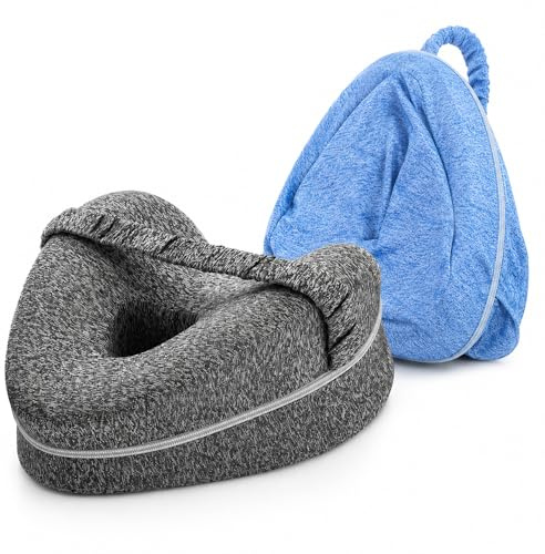 Knee Pillow for Side Sleepers with Strap, Heart Shape Leg Alignment Pillow Grey Knee Cushion with Extra Blue Washable Cover Foam Pillows Between Knee for Hip Support (Grey Pillow + Blue Spare Cover)