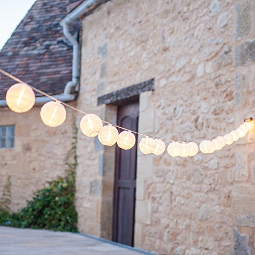 Lights4fun Guirlande Lumineuse LED 20 Lampions Chinois Blancs pour Intérieur/Extérieur