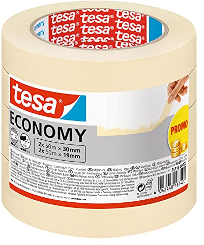 tesa Malerband ECONOMY - Vielseitiges Klebeband für Malerarbeiten ohne Lösungsmittel - Bis zu 4 Tage nach Gebrauch rückstandslos entfernbar - 2 x 50m x 30mm + 2 x 50m x 19mm