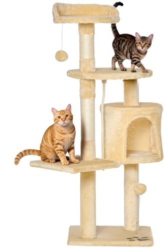 PawHut Árbol para Gatos Rascador Grande con Plataformas Casetas Bolas de Juego 114cm Cubierto de Felpa Beige