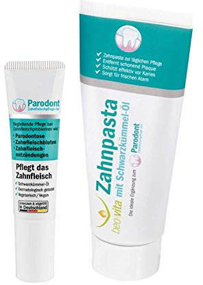 Beovita 2er Set: Zahnpasta mit Schwarzkümmelöl 75ml & Paradont Gel 10ml | Fluoridfrei, vegan, antibakteriell, mit Miswãk & ätherischen Ölen, Sanfte Pflege für empfindliches Zahnfleisch & Zähne