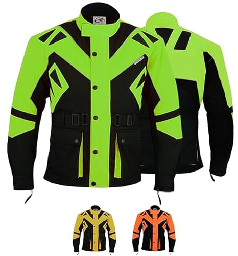 German Wear Motorradjacke mit CE-Protektoren 4-Lagen System Abnehmbares Thermofutter Winddicht Reflektierend mit 5 Taschen für Touring & Alltag Orange Gelb Grün/Schwarz