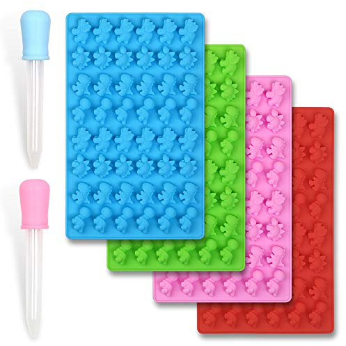 homEdge Silikon-Mini-Dinosaurier-Formen für Süßigkeiten, Set mit 4 Packungen, antihaftbeschichtet, Bonus mit 2 Pipetten in Blau, Rot, Grün und Pink