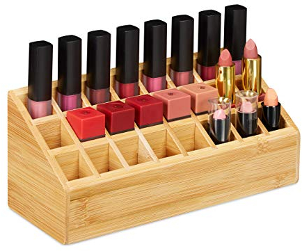 Relaxdays Lippenstifthalter aus Bambus, 24 Fächer, natürliche Optik, Halter für Lipgloss & Pinsel, HBT 10x23x9 cm, natur