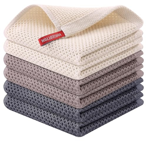 Kitinjoy 100% Cotton Kitchen Dish Cloths, 6 Pack Waffle Weave Ultra Soft Absorbent Dish Towels for Drying Dishes Quick Drying Kitchen Towels Dish Rags, 12 X 12 Inches, Mixed Color | Ultra Absorbent, Super Soft, lightweight, Quick Drying Dish Rags for Washing Dishes