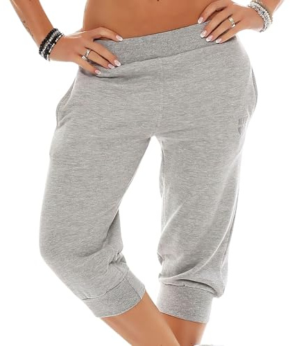 Gennadi Hoppe 3/4 Damen Sporthose Baumwolle Dreiviertel Hose Capri Shorts Frauen halblang - Jogginghose/Trainingshose für Gym, Sport, Fitness, Yoga, Laufen, Joggen Fitnesshose Sommer hellgrau M H6611