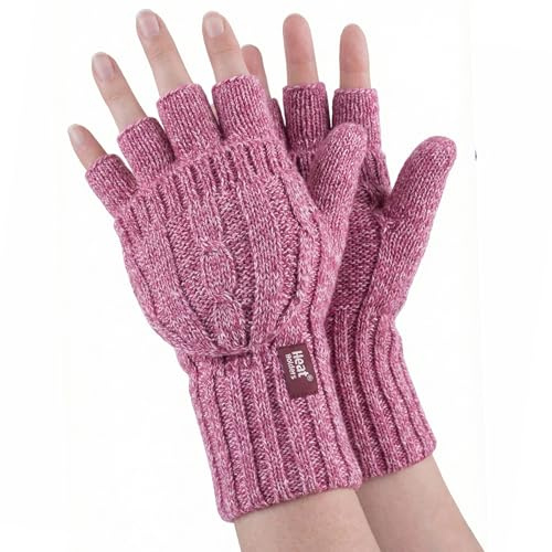 HEAT HOLDERS - Womens Thermal Converter Fingerless Cable Knit 2.3 tog Gloves (Rose)