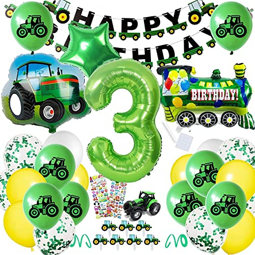 Traktor Geburtstag Deko,Folienballon Zahl in 3 Grün,Folienballon Traktor,Traktor Luftballons mit Happy Birthday Girlande für Kindergeburtstag Geburtstagdeko (Nummer 3)