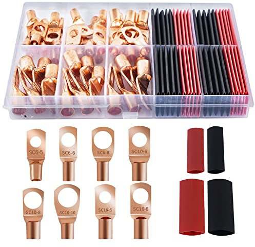 80 Pcs Copper Wire Lugs, Battery Terminal Connectors AWG 8 6 12/10 with Heat Shrink Set, 40 Pcs Heavy Duty Battery Cable Ends Ring Terminals Connectors with 40 Pcs Heat Shrink Tubing Assortment Kit